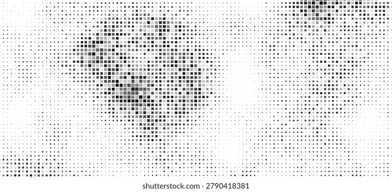 Abstract halftone texture, grayscale square particles creating flowing clusters, minimal digital art background, soft tonal variation