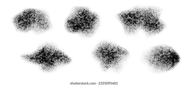 Abstract halftone texture stains. Grunge noise grain shapes set. Black comic spray splashes and spots. Dotted gradient elements and splatter forms collection. Vector pop art bundle