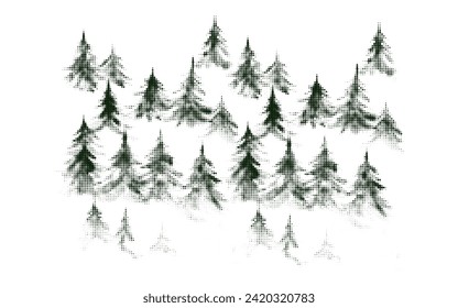 Abstract halftone textured gray green fir forest. Elegant geometric half tone coniferous landscape background, texture travel concept