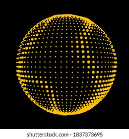 Abstract halftone textured sphere. Disco ball with lines and flare. Electric jet impulse discharges. Enveloping waves of thickened flows. Vector illustration for logo or icons.