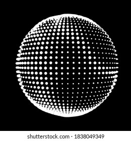 Abstract halftone textured sphere. Disco ball with lines and flare. Electric jet impulse discharges. Enveloping waves of thickened flows. Vector illustration for logo or icons.