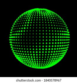 Abstract halftone textured sphere. Disco ball with lines and flare. Electric jet impulse discharges. Enveloping waves of thickened flows. Vector illustration for logo or icons.