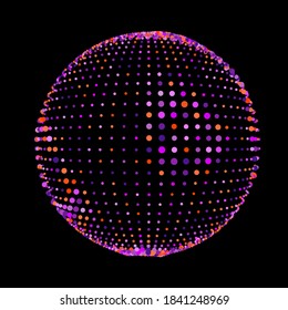 Abstract halftone textured sphere. Disco ball with lines and flare. Electric jet impulse discharges. Enveloping waves of thickened flows. Vector illustration for logo or icons.