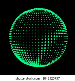 Abstract halftone textured sphere. Disco ball with lines and flare. Electric jet impulse discharges. Enveloping waves of thickened flows. Vector illustration for logo or icons.