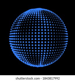 Abstrakter Halftone strukturierte Kugel. Disco-Ball mit Linien und Fackeln. Elektrische Strahlimpulse entladen. Umwälzende Wellen verdickter Ströme. Vektorgrafik für Logo oder Symbole.