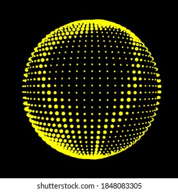 Abstract halftone textured sphere. Disco ball with lines and flare. Electric jet impulse discharges. Enveloping waves of thickened flows. Vector illustration for logo or icons.