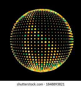 Abstract halftone textured sphere. Disco ball with lines and flare. Electric jet impulse discharges. Enveloping waves of thickened flows. Vector illustration for logo or icons.