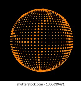 Resumen de la esfera texturada de medio tono. Pelota disco con líneas y bengalas. Vertidos de impulsos de chorro eléctrico. Ondas ensordecedoras de flujos densos. Ilustración vectorial para logotipo o iconos.