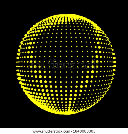 Abstract halftone textured sphere. Disco ball with lines and flare. Electric jet impulse discharges. Enveloping waves of thickened flows. Vector illustration for logo or icons.