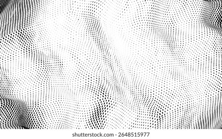 Fundo de vetor de meio-tom abstrato com pontos deformados em preto e branco. Padrão de distorção ondulada fluente textura grunge textura pontilhada.