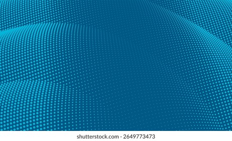 Abstract halftone vector wave background. Dynamic blue dotted pattern for technology, data, digital concept.