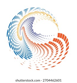 Design abstrato de vórtice de meio-tom com cores azul, laranja e amarela. Elemento de design de redemoinho de meio-tom isolado no fundo branco.