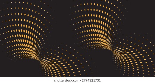 Abstract halftone vortex pattern with golden elliptical dots creating symmetrical spiral formations on a dark background. Modern geometric design ideal for technology themes, posters, branding, and contemporary digital artwork.