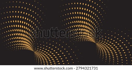 Abstract halftone vortex pattern with golden elliptical dots creating symmetrical spiral formations on a dark background. Modern geometric design ideal for technology themes, posters, branding, and contemporary digital artwork.