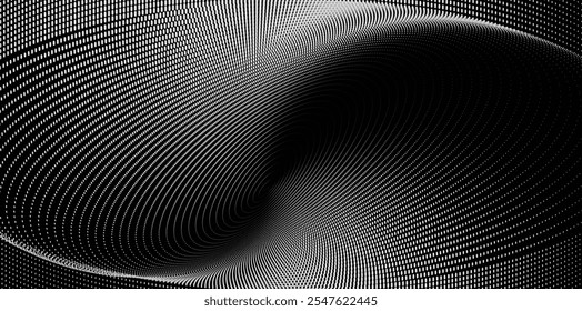 Abstract halftone vortex swirl pattern background, black and white dotted spiral geometric minimalist design illustration.