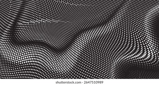 Abstract halftone wave dots background. Futuristic twisted grunge pattern, dots, circles. Vector modern optical pop art texture for posters, business cards and etc
