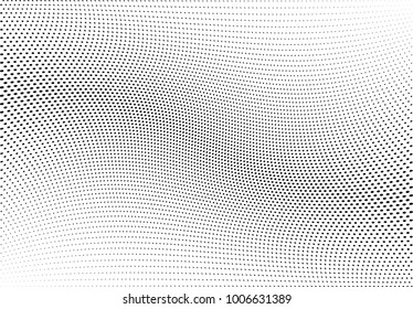 Abstract halftone wave dotted background. Futuristic twisted grunge pattern, dot, circles.  Vector modern optical pop art texture for posters, business cards, cover, labels mock-up, stickers layout