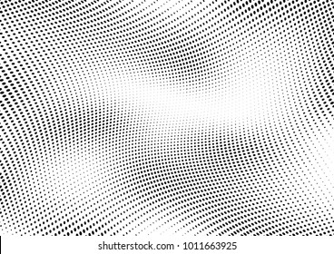 Abstract halftone wave dotted background. Futuristic twisted grunge pattern, dot, circles.  Vector modern optical pop art texture for posters, business cards, cover, labels mock-up, stickers layout