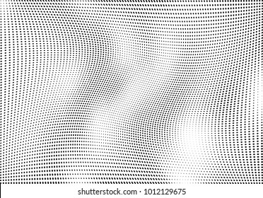 Abstract halftone wave dotted background. Futuristic twisted grunge pattern, dot, circles.  Vector modern optical pop art texture for posters, business cards, cover, labels mock-up, stickers layout