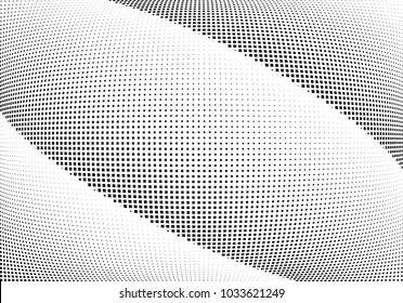 Abstract halftone wave dotted background. Halftone  grunge pattern with square.  Vector halftone modern pop art twisted texture for poster, cover, business card, postcard, art label layout, sticker.