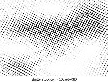 Ola de semitonos abstracta salpicada de fondo. Patrón de grunge retorcido de semitono, punto, círculo.  Textura moderna de arte óptico óptico medio-tono para póster, tarjeta de visita, portada, maqueta de etiquetas, diseño de adhesivos