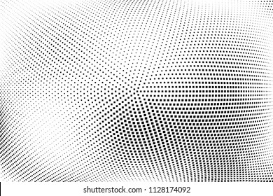 Abstract halftone wave dotted background. Halftone  grunge pattern with square.  Vector halftone modern pop art twisted texture for poster, cover, business card, postcard, art label layout, sticker.