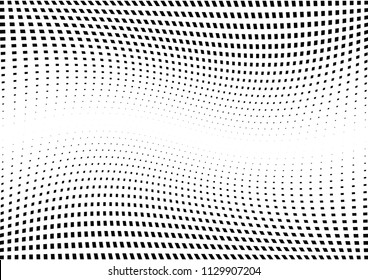 Abstract halftone wave dotted background. Halftone  grunge pattern with square.  Vector halftone modern pop art twisted texture for poster, cover, business card, postcard, art label layout, sticker.