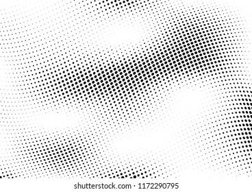 Ola de semitonos abstracta salpicada de fondo. Patrón de grunge retorcido de semitono, punto, círculo.  Textura moderna de arte óptico óptico medio-tono para póster, tarjeta de visita, portada, maqueta de etiquetas, diseño de adhesivos