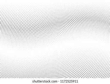 Ola de semitonos abstracta salpicada de fondo. Patrón de grunge retorcido de semitono, punto, círculo.  Textura moderna de arte óptico óptico medio-tono para póster, tarjeta de visita, portada, maqueta de etiquetas, diseño de adhesivos
