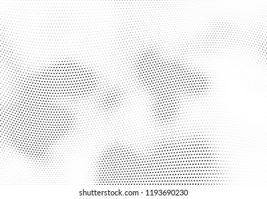 Ola de semitonos abstracta salpicada de fondo. Patrón de grunge retorcido de semitono, punto, círculo.  Textura moderna de arte óptico óptico medio-tono para póster, tarjeta de visita, portada, maqueta de etiquetas, diseño de adhesivos
