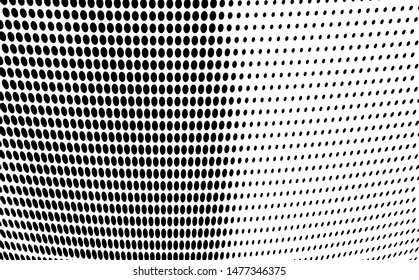 Abstract halftone wave dotted background. Chaotic dance of black dots on white background