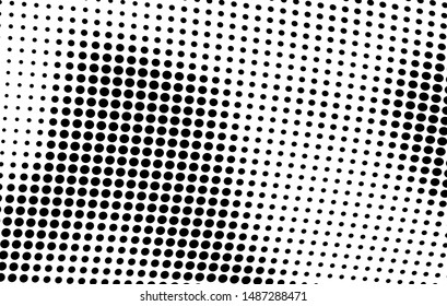 Abstract halftone wave dotted background. Chaotic dance of black dots on white background