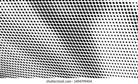 Abstract halftone wave dotted background. Chaotic dance of black dots on white background