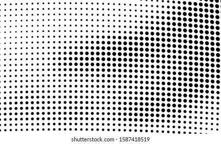 Abstract halftone wave dotted background. Chaotic dance of black dots on white background