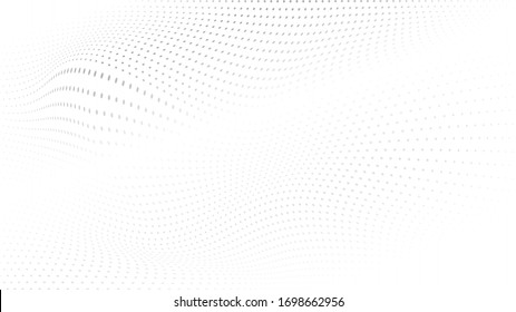 Ola de semitonos abstracta salpicada de fondo. Fondo monocromo moderno. Patrón futurista, punto, onda. Vector moderno de textura media óptica para sitios, póster, tarjeta de visita, portada