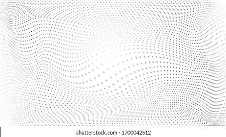 Ola de semitonos abstracta salpicada de fondo. Fondo monocromo moderno. Patrón futurista, punto, onda. Vector moderno de textura media óptica para sitios, póster, tarjeta de visita, portada