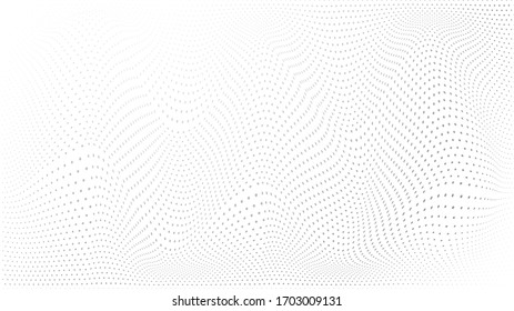 Ola de semitonos abstracta salpicada de fondo. Fondo monocromo moderno. Patrón futurista, punto, onda. Vector moderno de textura media óptica para sitios, póster, tarjeta de visita, portada