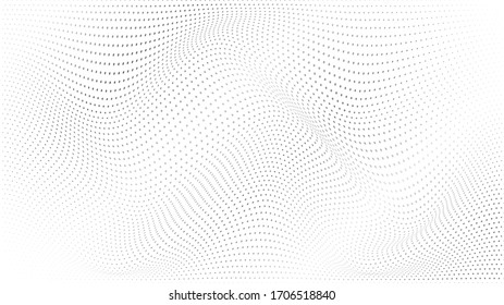 Ola de semitonos abstracta salpicada de fondo. Fondo monocromo moderno. Patrón futurista, punto, onda. Vector moderno de textura media óptica para sitios, póster, tarjeta de visita, portada