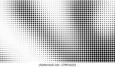 Abstract halftone wave dotted background. Template of black dots on a white background. Chaotic monochrome texture