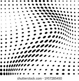 Resumen de la ola de media tonalidad salpicada de fondo. Futurista patrón de grunge torcido, punto, círculos. Texturas de arte pop óptico moderno vectorial para afiches, tarjetas de visita, cubiertas, distribución de etiquetas, diseño de pegatinas