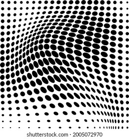 Resumen de la ola de media tonalidad salpicada de fondo. Futurista patrón de grunge torcido, punto, círculos. Texturas de arte pop óptico moderno vectorial para afiches, tarjetas de visita, cubiertas, distribución de etiquetas, diseño de pegatinas