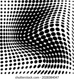 Resumen de la ola de media tonalidad salpicada de fondo. Futurista patrón de grunge torcido, punto, círculos. Texturas de arte pop óptico moderno vectorial para afiches, tarjetas de visita, cubiertas, distribución de etiquetas, diseño de pegatinas