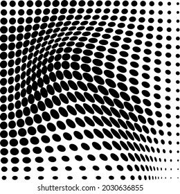 Resumen de la ola de media tonalidad salpicada de fondo. Futurista patrón de grunge torcido, punto, círculos. Texturas de arte pop óptico moderno vectorial para afiches, tarjetas de visita, cubiertas, distribución de etiquetas, diseño de pegatinas