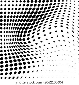 Resumen de la ola de media tonalidad salpicada de fondo. Futurista patrón de grunge torcido, punto, círculos. Texturas de arte pop óptico moderno vectorial para afiches, tarjetas de visita, cubiertas, distribución de etiquetas, diseño de pegatinas