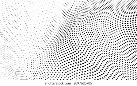 Abstract halftone wave dotted background. Futuristic twisted grunge pattern, dot, circles
