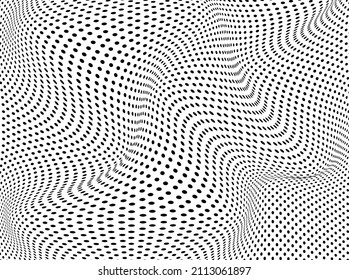 Resumen de la ola de media tonalidad salpicada de fondo. Futurista patrón de grunge torcido, punto, círculos. Vector textura moderna de arte pop óptico para afiches, tarjetas de visita, portada, maqueta de etiquetas, disposición de pegatinas
