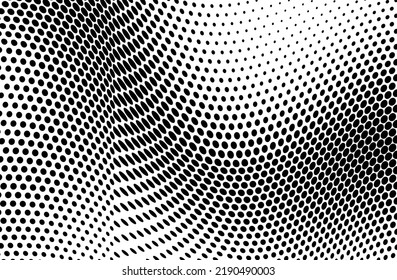 Abstract halftone wave dotted background. Futuristic twisted grunge pattern, dot, circles