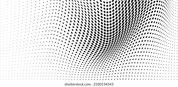 Abstract halftone wave dotted background. Futuristic twisted grunge pattern, dot, circles. Vector modern optical pop art texture for posters, business cards, cover, labels mock-up, stickers layout