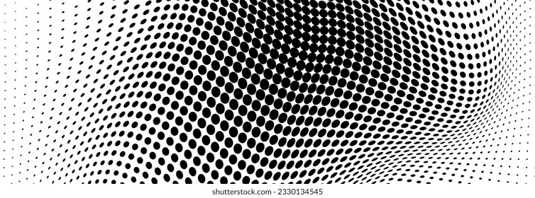 Abstract halftone wave dotted background. Futuristic twisted grunge pattern, dot, circles. Vector modern optical pop art texture for posters, business cards, cover, labels mock-up, stickers layout