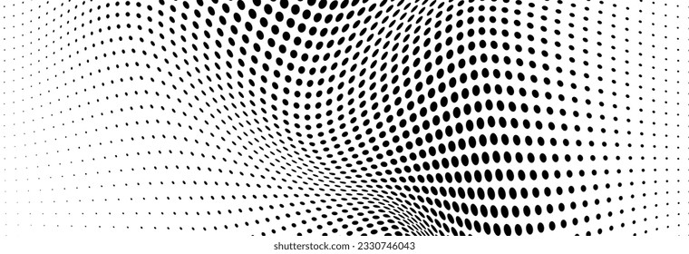 Abstract halftone wave dotted background. Futuristic twisted grunge pattern, dot, circles. Vector modern optical pop art texture for posters, business cards, cover, labels mock-up, stickers layout